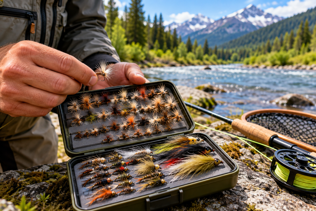 Fly fishing flies for trout in a fly box